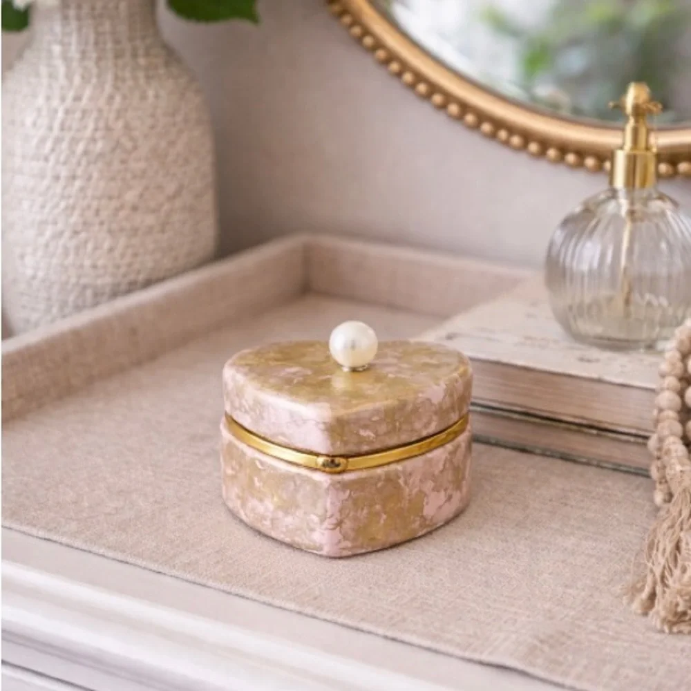 Handcrafted hand painted artisan ceramic pink gold jewelry trinket box